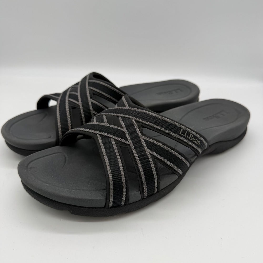 LL Bean Womens 9 Black Gray Strappy Slide Sandals Waterproof Sporty 274906